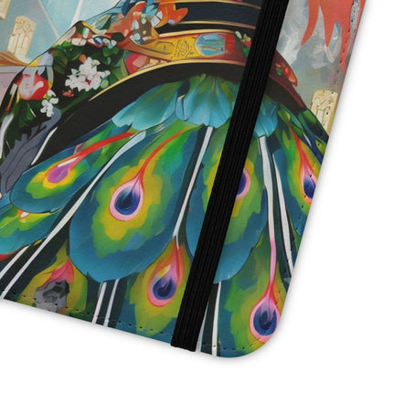🦚🌸 Techno Plumes Peacock Flip Case – Neon Elegance & Sakura Dreams