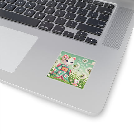 🌾🌼 Geisha Kitten and the Dandelion Wish Kiss-Cut Sticker – Gentle Wishes & Quiet Wonder