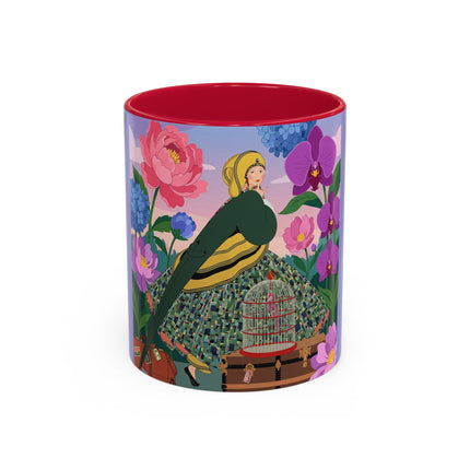 The Lady And The Crimson Birdcage Colorful Mugs – Art Deco Tropical Garden Elegance