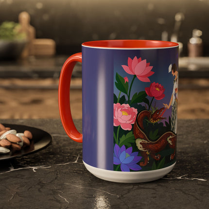 The Lady And The Garden Dragon Colorful Mugs – Art Deco Mythical Botanical Elegance