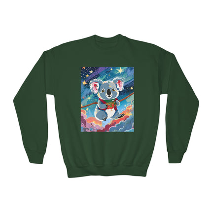 Cute Koala Youth Crewneck Sweatshirt – Dreamy Sky Adventure & Whimsical Wonder