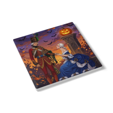 🎃💙 The Pumpkin Lantern Courtship Ceramic Coaster – Romantic Halloween Elegance