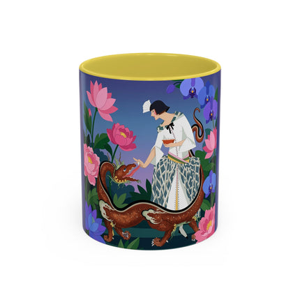 The Lady And The Garden Dragon Colorful Mugs – Art Deco Mythical Botanical Elegance