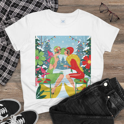 ☕❄️ Christmas Tea In The Snow Garden Cotton Tee – Art Deco Holiday Friendship