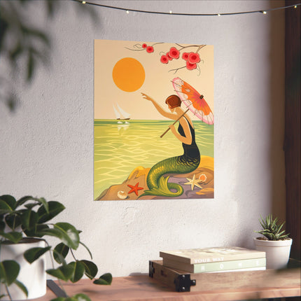🧜‍♀️🌸 The Lady Of The Seaside Parasol Matte Vertical Poster – Art Deco Mermaid Fantasy