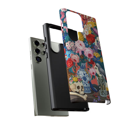 Floral Vanitas Phone Case – Parrot & Porcelain Splendor