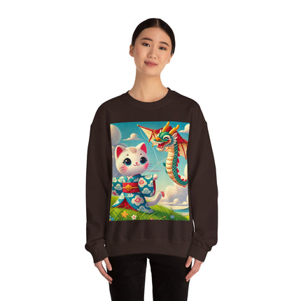 Geisha Kitten and the Dragon Kite Heavy Blend™ Crewneck Sweatshirt