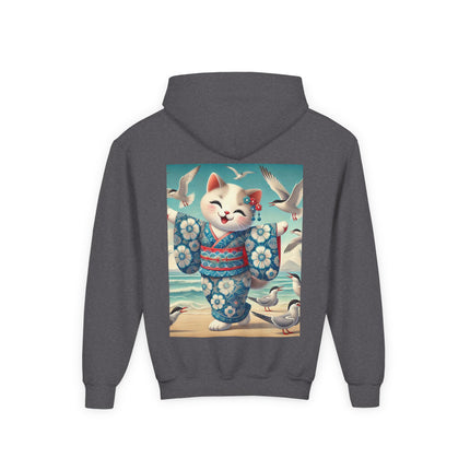 Geisha Kitten by the Seaside Youth Hooded Sweatshirt – Coastal Charm & Playful Style