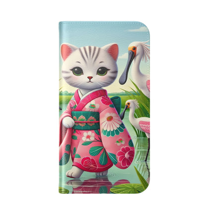 🦩🌸 Geisha Kitten Strolls Among the Spoonbills Flip Case – Serene Grace & Marshland Wonder