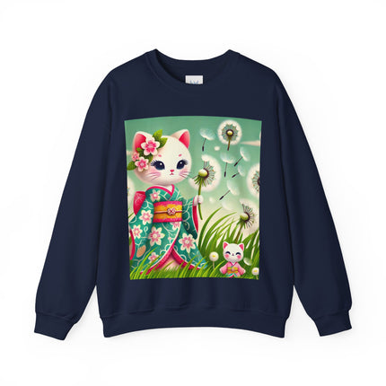 Geisha Kitten and the Dandelion Wish Heavy Blend™ Crewneck Sweatshirt