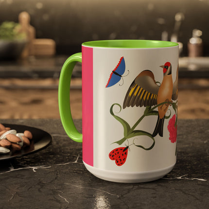 Goldfinch & Pink Flowers Colorful Mugs – Vibrant Spring & Bold Beauty