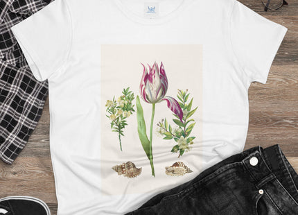 Tulip flower with Two Branches of Myrtle and Shells Cotton Tee