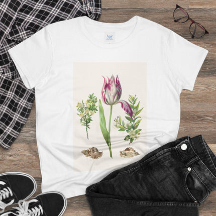 Tulip flower with Two Branches of Myrtle and Shells Cotton Tee