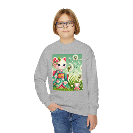 Geisha Kitten and the Dandelion Wish Youth Crewneck Sweatshirt – Gentle Magic, Dreams & Quiet Beauty