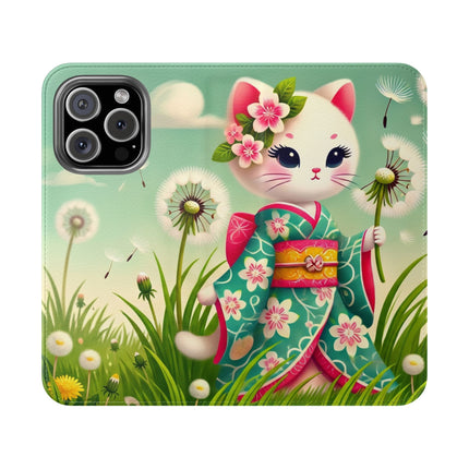 🌾🌼 Geisha Kitten and the Dandelion Wish Flip Case – Gentle Wishes & Quiet Wonder