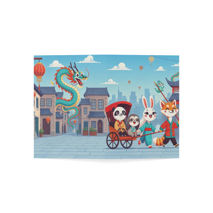 🐉🏮 The Dragon Rickshaw Parade Greeting Card – Whimsical Animal Adventure