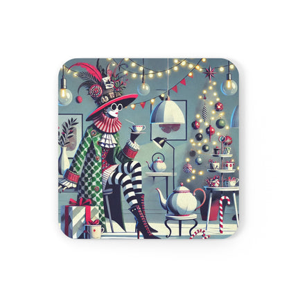 Whimsical Christmas Tea Party Cork Back Coaster