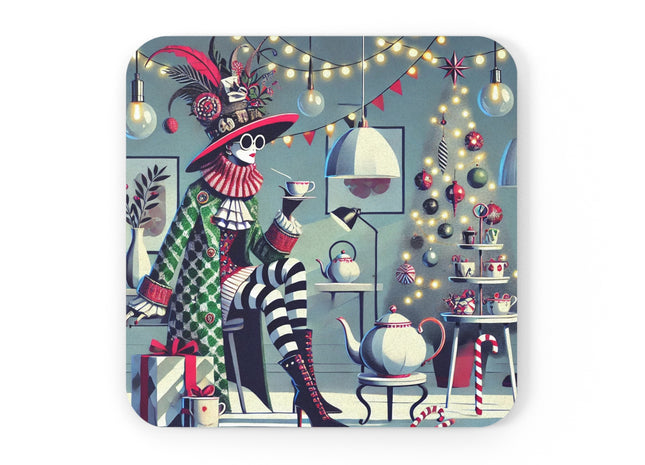 Whimsical Christmas Tea Party Cork Back Coaster