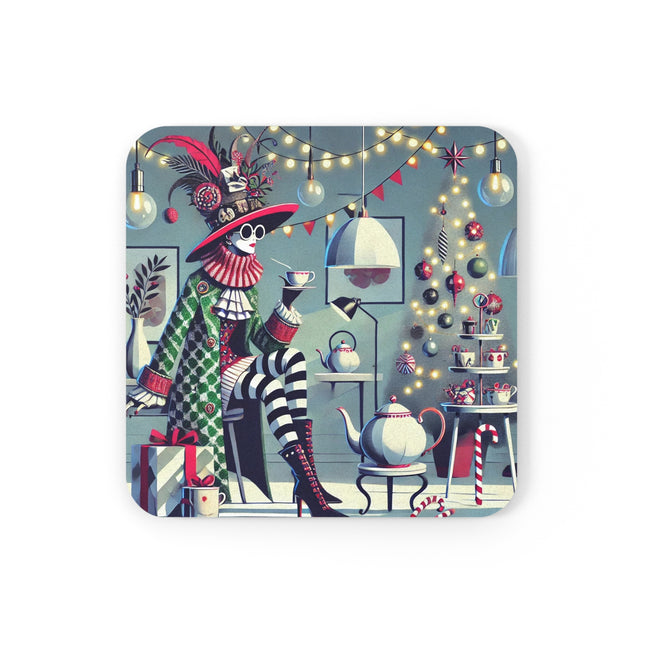 Whimsical Christmas Tea Party Cork Back Coaster