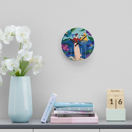 🔭⛵ The Lady Of The Seaside Spyglass Acrylic Wall Clock – Art Deco Coastal Elegance