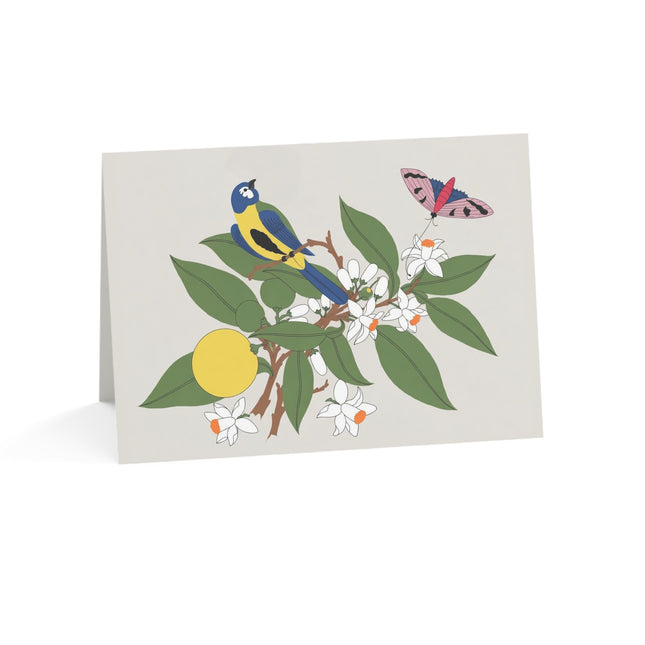 Blue Tit & Butterfly Greeting Card – Elegant Charm & Springtime Grace