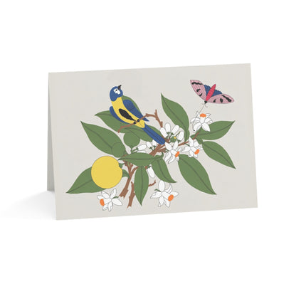 Blue Tit & Butterfly Greeting Card – Elegant Charm & Springtime Grace