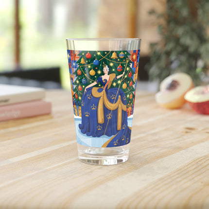 👑🎄 The Christmas Queen Of Golden Bells Pint Glass – Art Deco Holiday Elegance