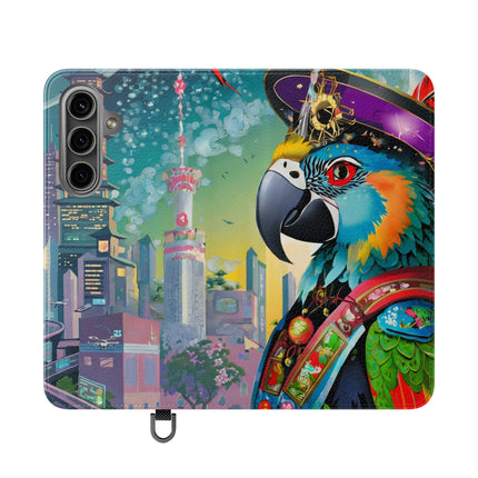🦜⚡ Tech Plumes Flip Case – Neon Feathers & Futuristic Brilliance