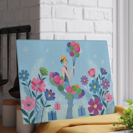 🎈❄️ The Lady Of The Winter Balloon Garden Glass Cutting Board – Art Deco Holiday Fantasy
