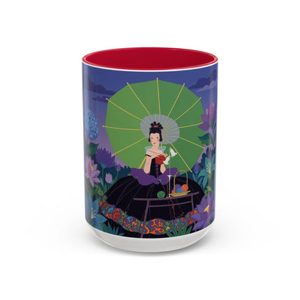 The Lady Of The Moonlit Needlework Colorful Mugs – Art Deco Crafting Elegance
