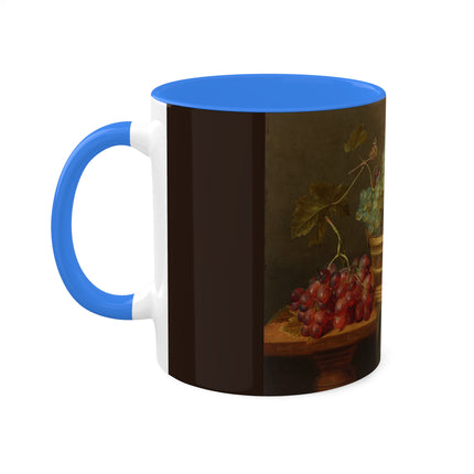 Basket of Grapes and a Pomegranate on a Table by Jacob van Hulsdonck Colorful Mugs, 11oz
