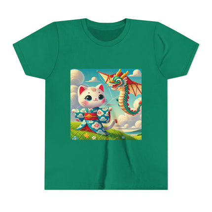 Geisha Kitten and the Dragon Kite Youth Short Sleeve Tee