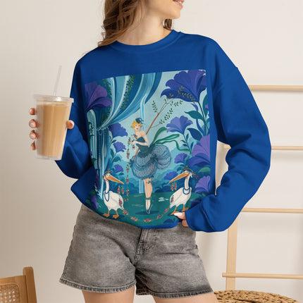 🪶🌺 The Pelican Garden Dance Crewneck Sweatshirt – Art Deco Botanical Whimsy