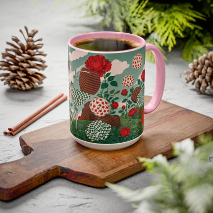 🌹💚 The Scarlet Rose Checkerboard Garden Colorful Mug – Art Deco Floral Whimsy