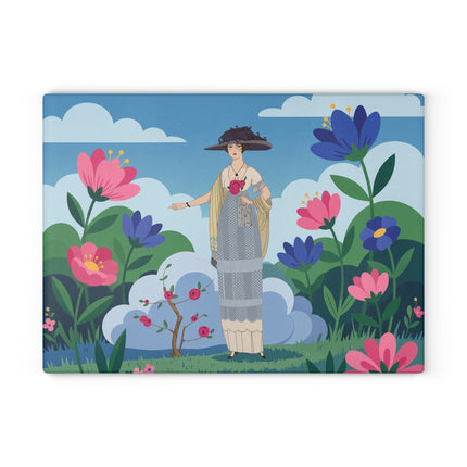 🌸🎀 The Lady Of The Rose Garden Glass Cutting Board – Art Deco Floral Fashion Elegance