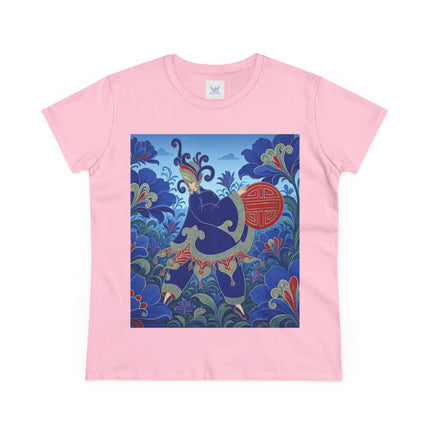 💙🌺 The Imperial Blue Garden Cotton Tee – Art Deco Oriental Elegance