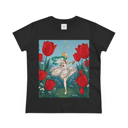🌷🩰 The Scarlet Tulip Ballet Cotton Tee – Art Deco Floral Whimsy