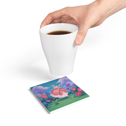 🎭🌸 The Lady Of The Secret Masquerade Ceramic Coaster – Art Deco Garden Fantasy