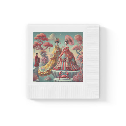 Cherry Blossom Courtesans & Crimson Crab White Coined Napkins – Imperial Elegance & Playful Charm