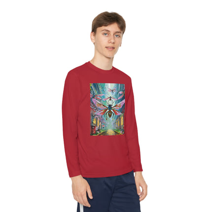Neon Swarm Youth Long Sleeve Competitor Tee – Cyberpunk Flight & Futuristic Energy