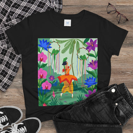 🌺🦜 The Tropical Garden Serenade Cotton Tee – Colorful Art Deco Fantasy