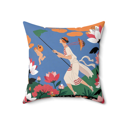 🪁🌺 The Lady Of The Flying Garden Square Pillow – Art Deco Floral Fantasy