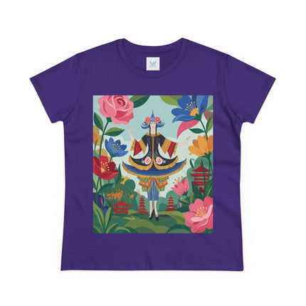🌸🏯 The Pagoda Garden Enchantress Cotton Tee – Colorful Art Deco Fashion Fantasy