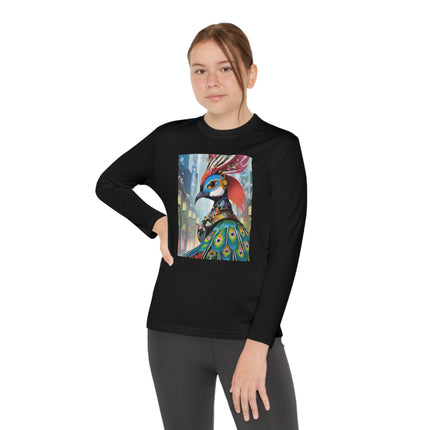 Techno Plumes Youth Long Sleeve Competitor Tee – Futuristic Elegance & Neon Feathers