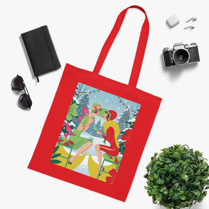 🎄☕ Christmas Tea In The Snow Garden Cotton Tote Bag – Art Deco Holiday Friendship