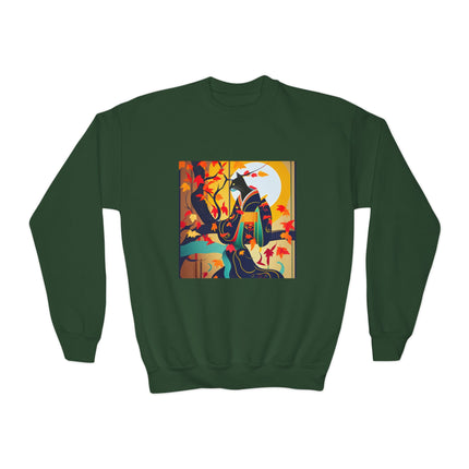 Black Cat in Kimono Youth Crewneck Sweatshirt