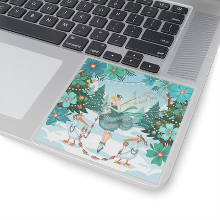 🦩🎄 The Lady Of The Christmas Garland Birds Kiss-Cut Sticker – Whimsical Art Deco Holiday Fantasy