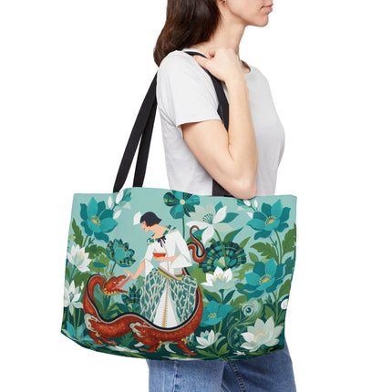 🐉🌿 The Dragon Keeper Weekender Tote Bag – Art Deco Floral Fantasy