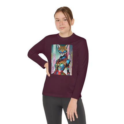 Cyber Cat Glamour Youth Long Sleeve Competitor Tee – Neon Elegance & Futuristic Style