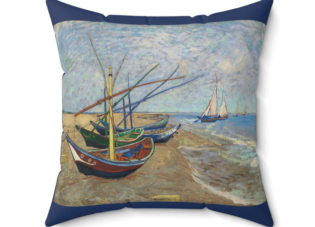Fishing Boats on the Beach at Saintes-Maries by Vincent Van Gogh Spun Polyester Square Pillow